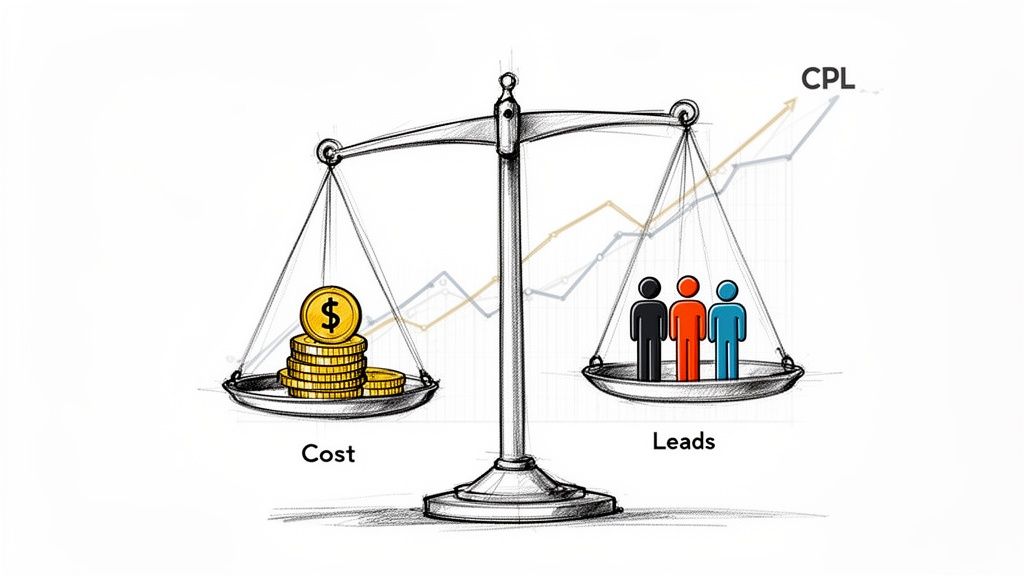A balance scale weighing cost (money) against leads (people), with an upward CPL trend in the background.