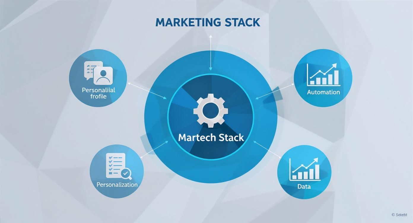 Diagram illustrating a marketing tech stack with personalization, automation, data, and personal profiles.