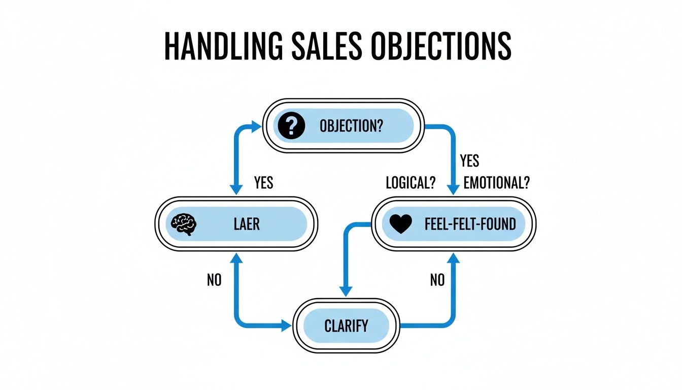 Flowchart outlining methods for handling sales objections, differentiating between logical LAER and emotional Feel-Felt-Found responses.