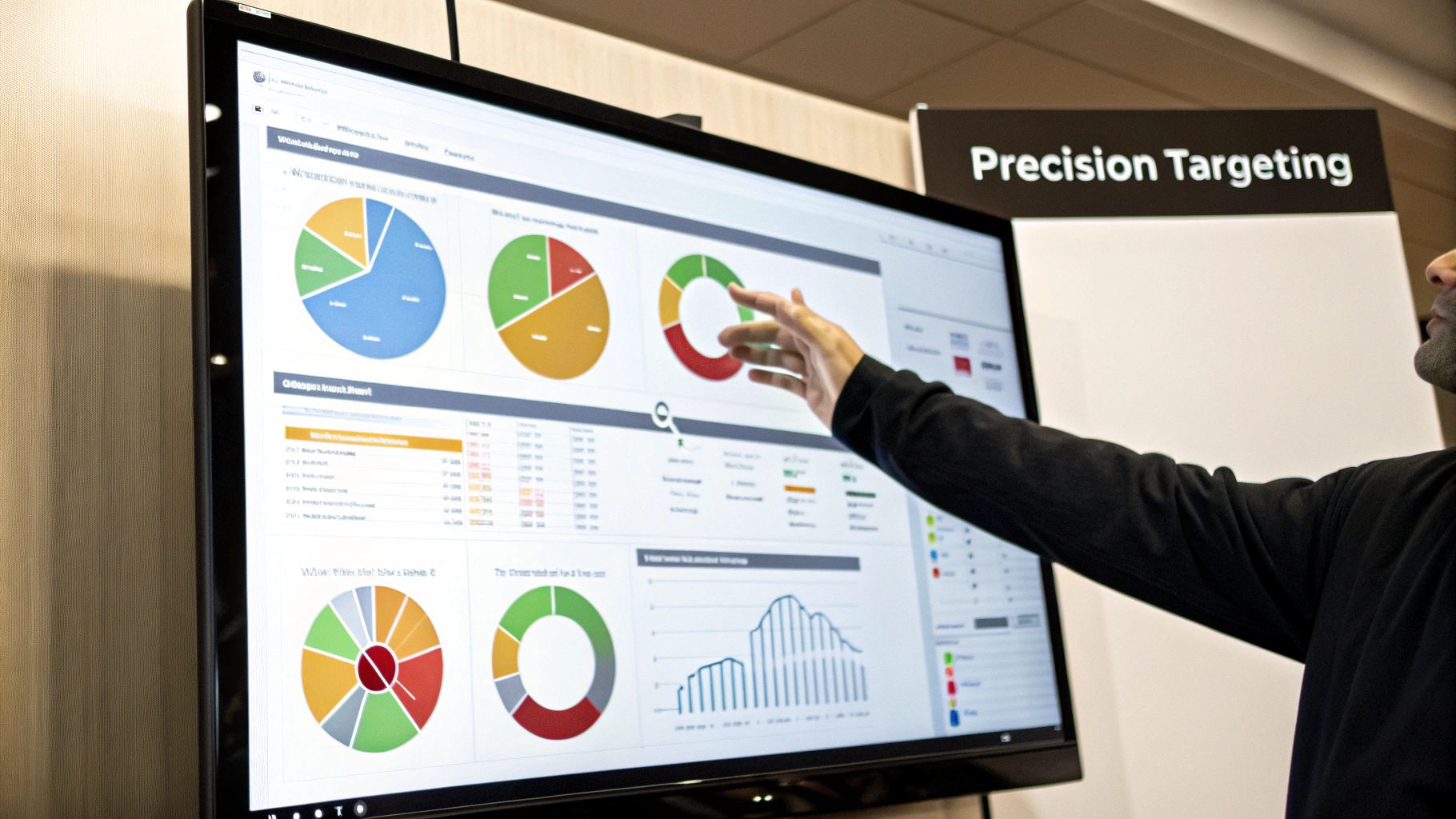 A person at a desk with charts and graphs, looking thoughtful and solving problems.