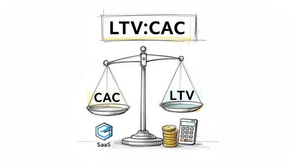 An illustration of a balance scale comparing LTV and CAC for SaaS business metrics, with coins and calculator.