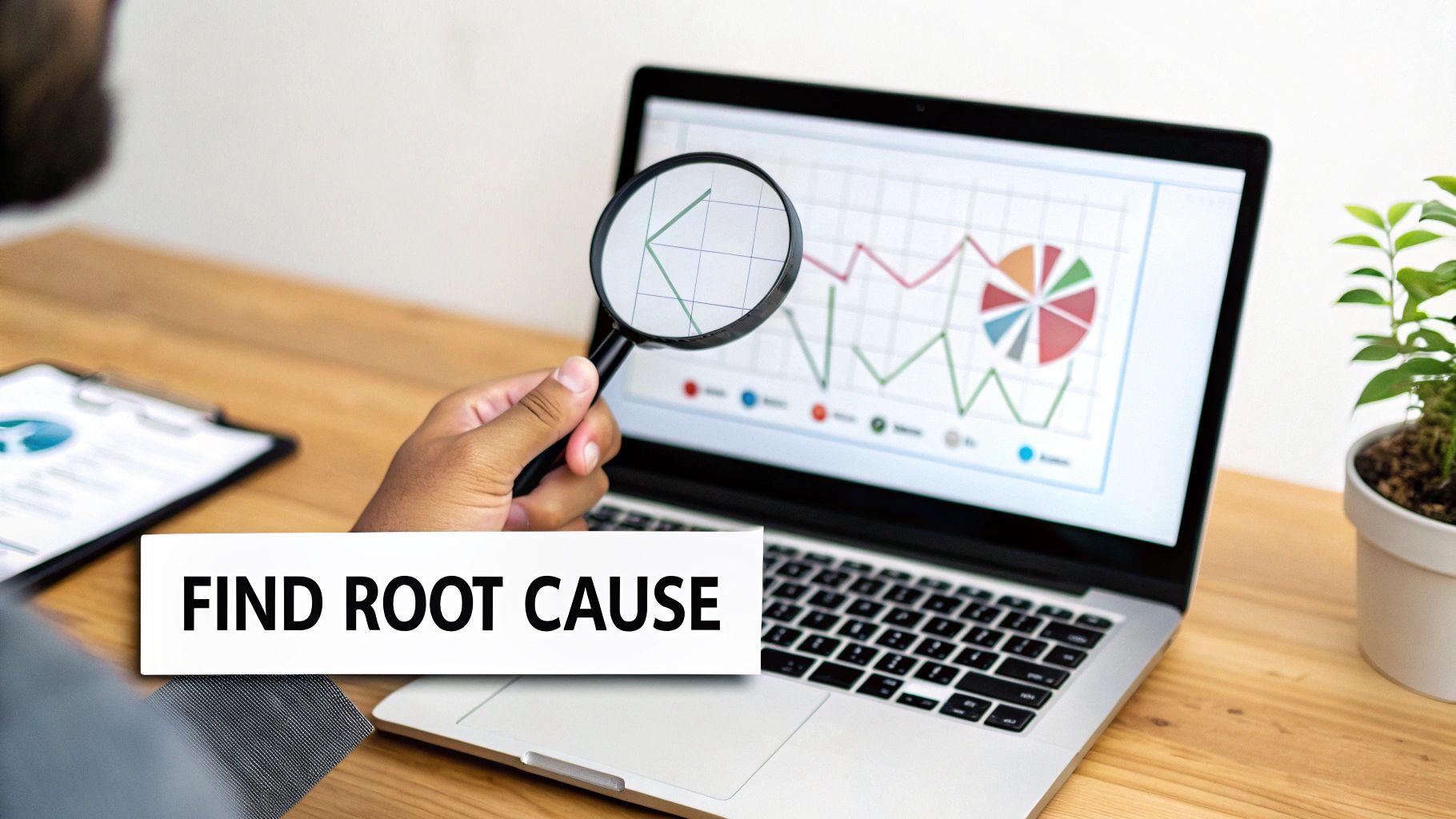 Business professional using magnifying glass to analyze data charts and graphs for root cause analysis