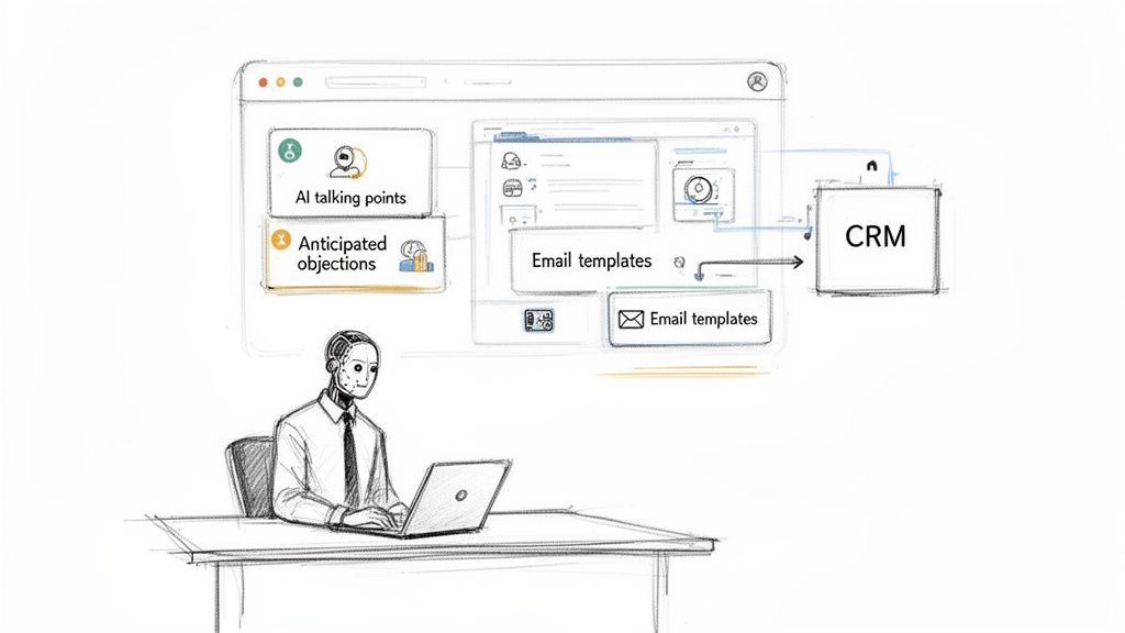 AI robot assisting with sales tasks, displaying AI talking points, anticipated objections, and email templates integrating with CRM.