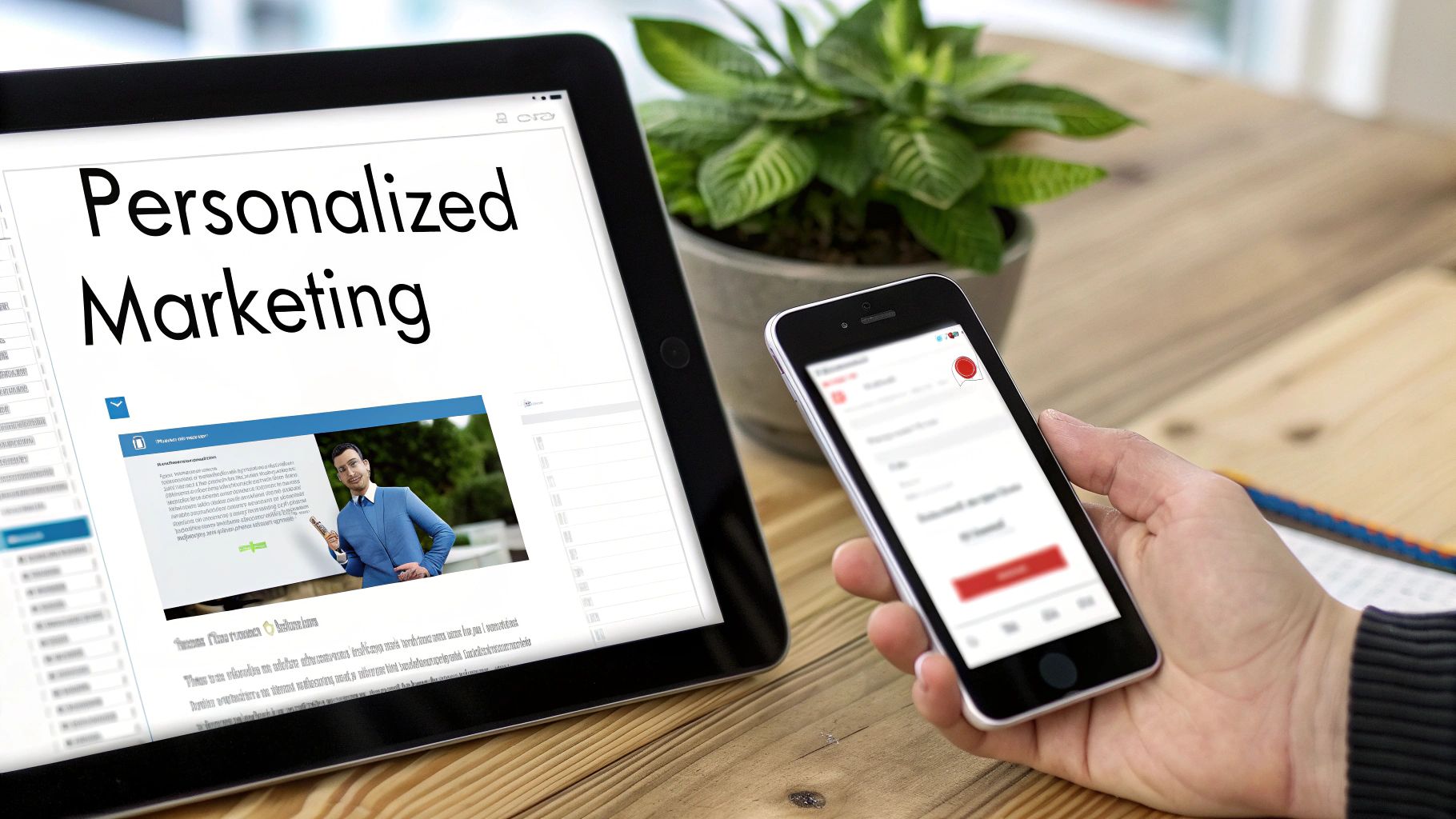 A person holding a smartphone next to a tablet displaying 'Personalized Marketing' on a wooden desk.