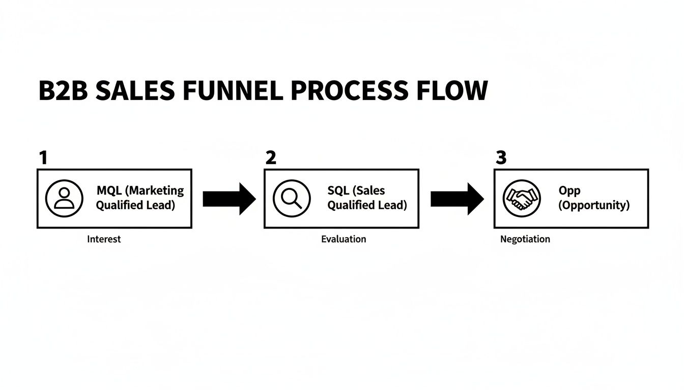 Diagram illustrating the B2B sales funnel process flow with MQL, SQL, and Opportunity stages.