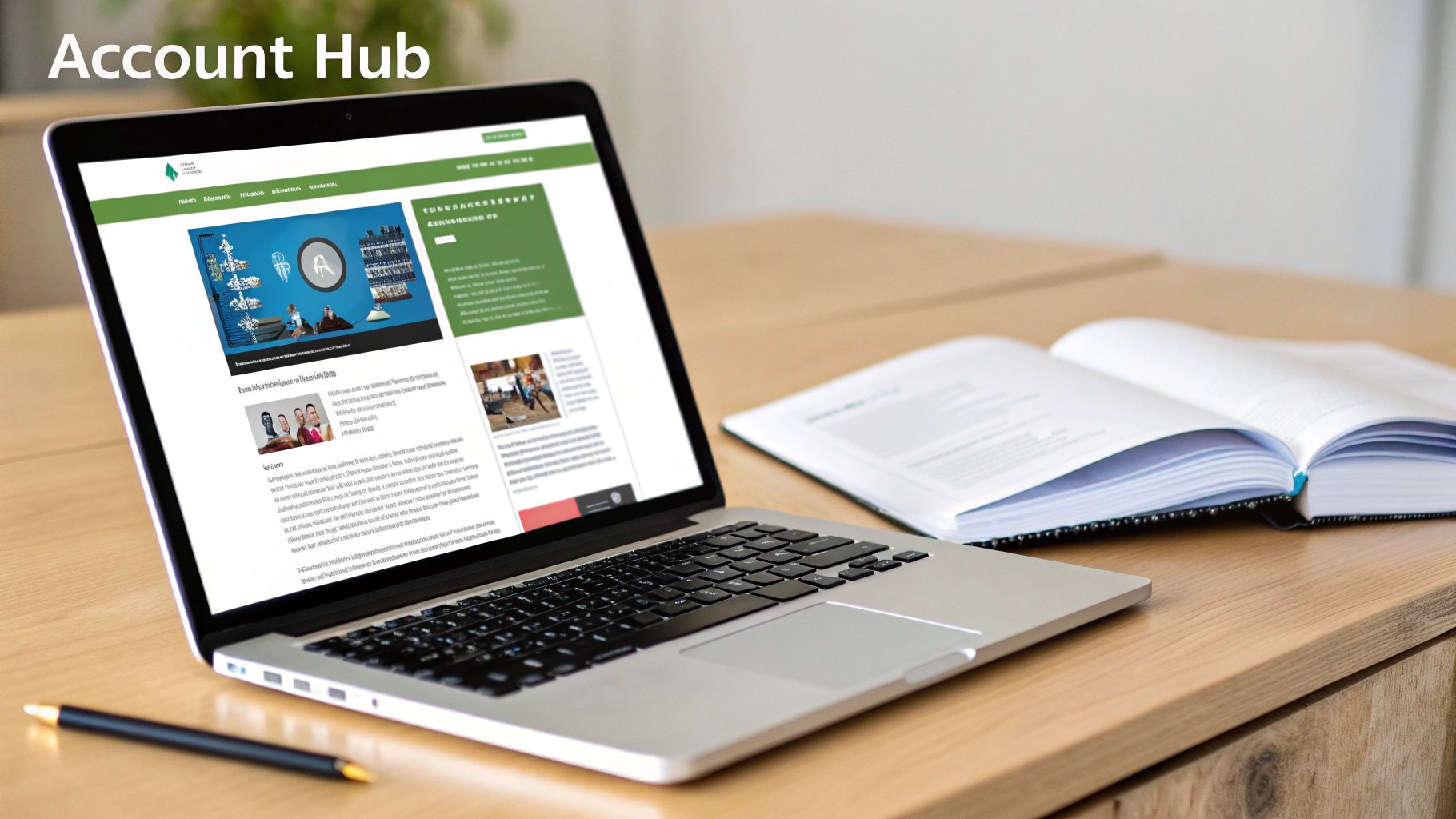 A silver laptop on a wooden desk displaying an 'Account Hub' website, alongside an open book and a pen.