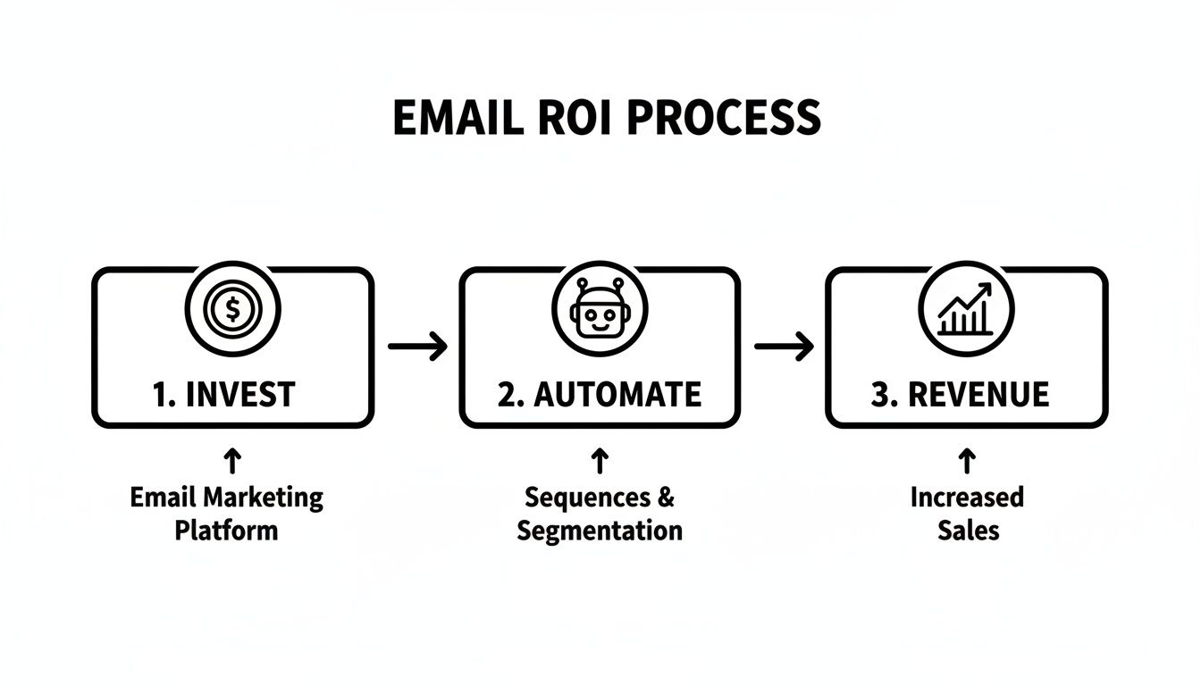 A diagram illustrating the Email ROI Process: Invest in platforms, Automate sequences, and generate Revenue.