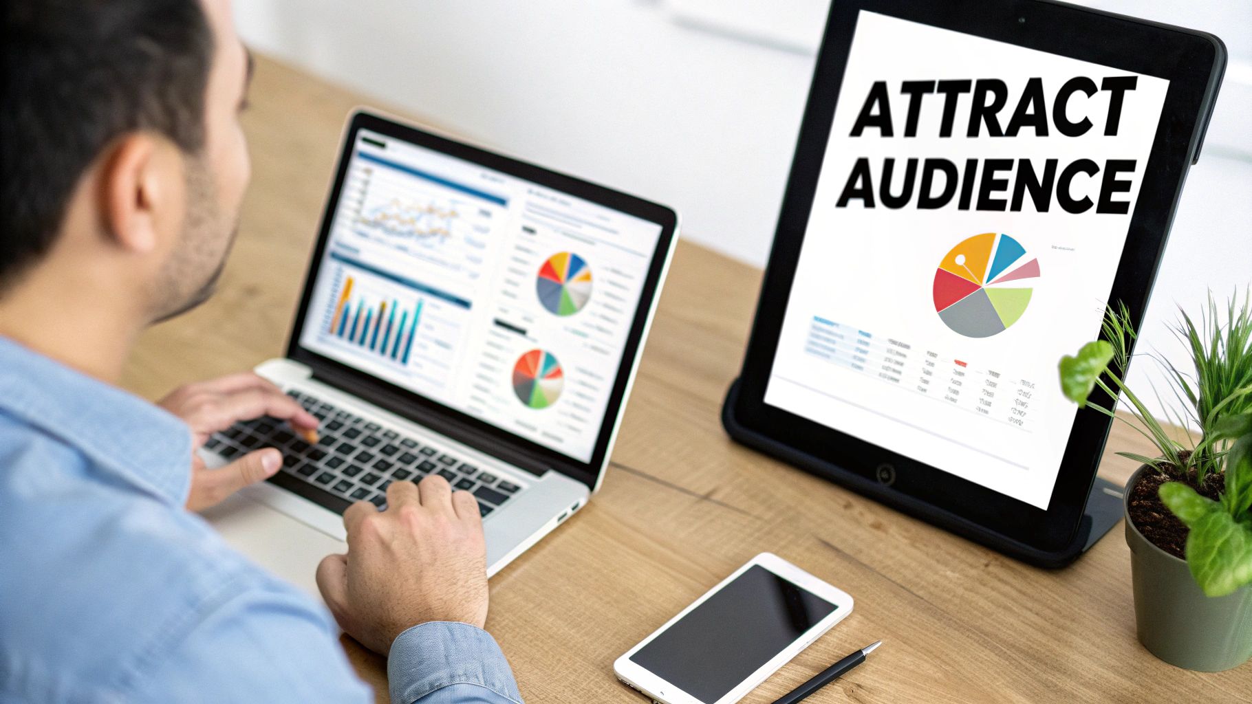 A person at a desk analyzing charts and graphs on multiple screens, representing the tracking of middle-of-funnel KPIs.