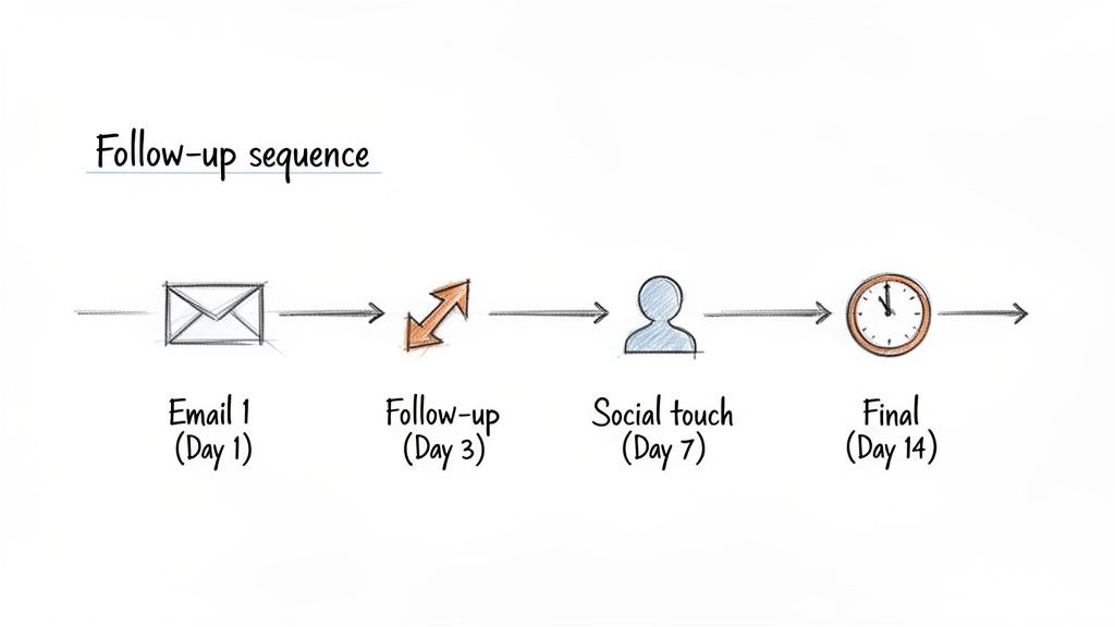 Diagram illustrating a follow-up sequence with steps: Email 1, Follow-up, Social touch, and Final, spread over 14 days.