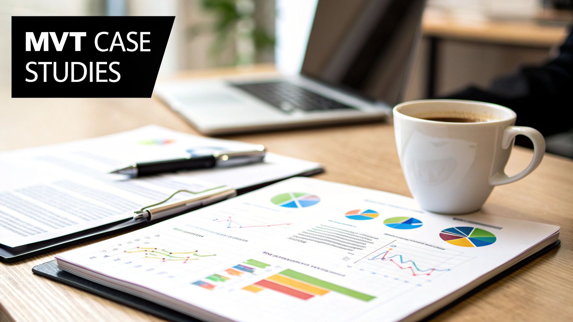 A desk with business documents, charts, a laptop, a pen, and a coffee cup, featuring 'MVT Case Studies'.