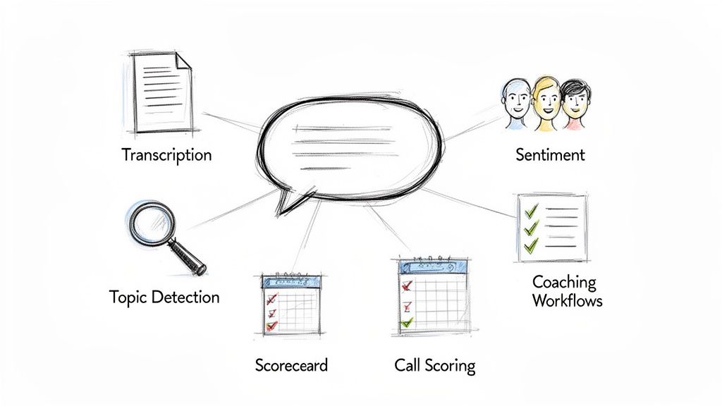 Diagram illustrating various conversation analytics features such as transcription, sentiment analysis, and topic detection.