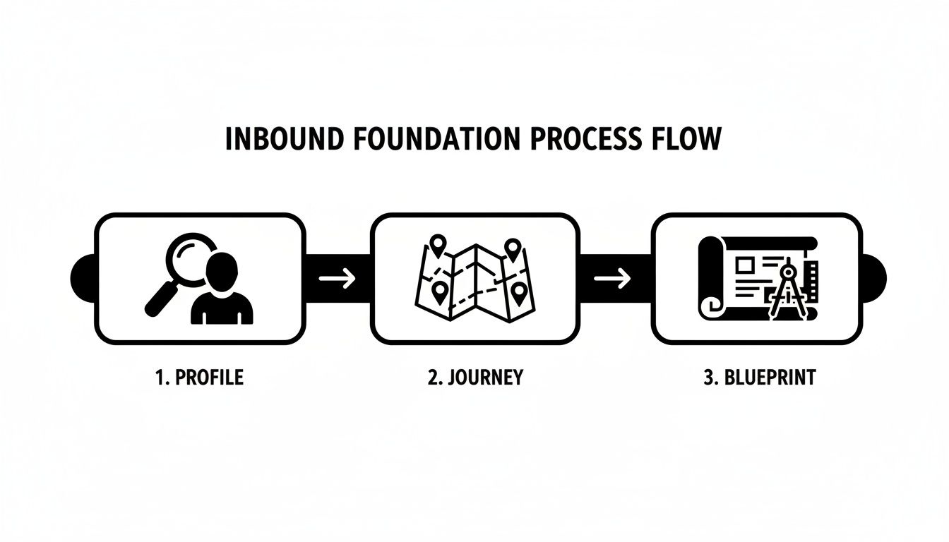 A three-step inbound foundation process flow diagram with icons for profile, journey, and blueprint.