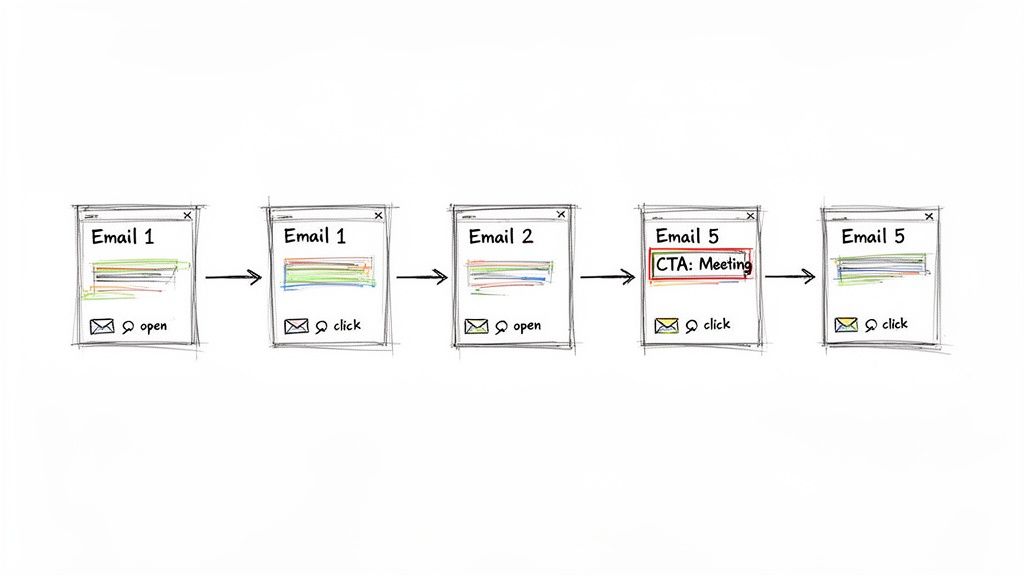 A visual sequence of email interactions: Email 1 opened, clicked; Email 2 opened; Email 5 with 'CTA: Meeting' clicked.