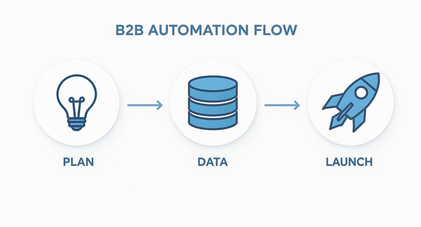 A diagram illustrating the B2B automation flow with three steps: Plan (lightbulb), Data (database), and Launch (rocket).