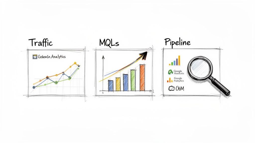 Sketched diagrams showing traffic analytics, MQL growth with a bar chart, and pipeline metrics with Google Analytics and CRM.