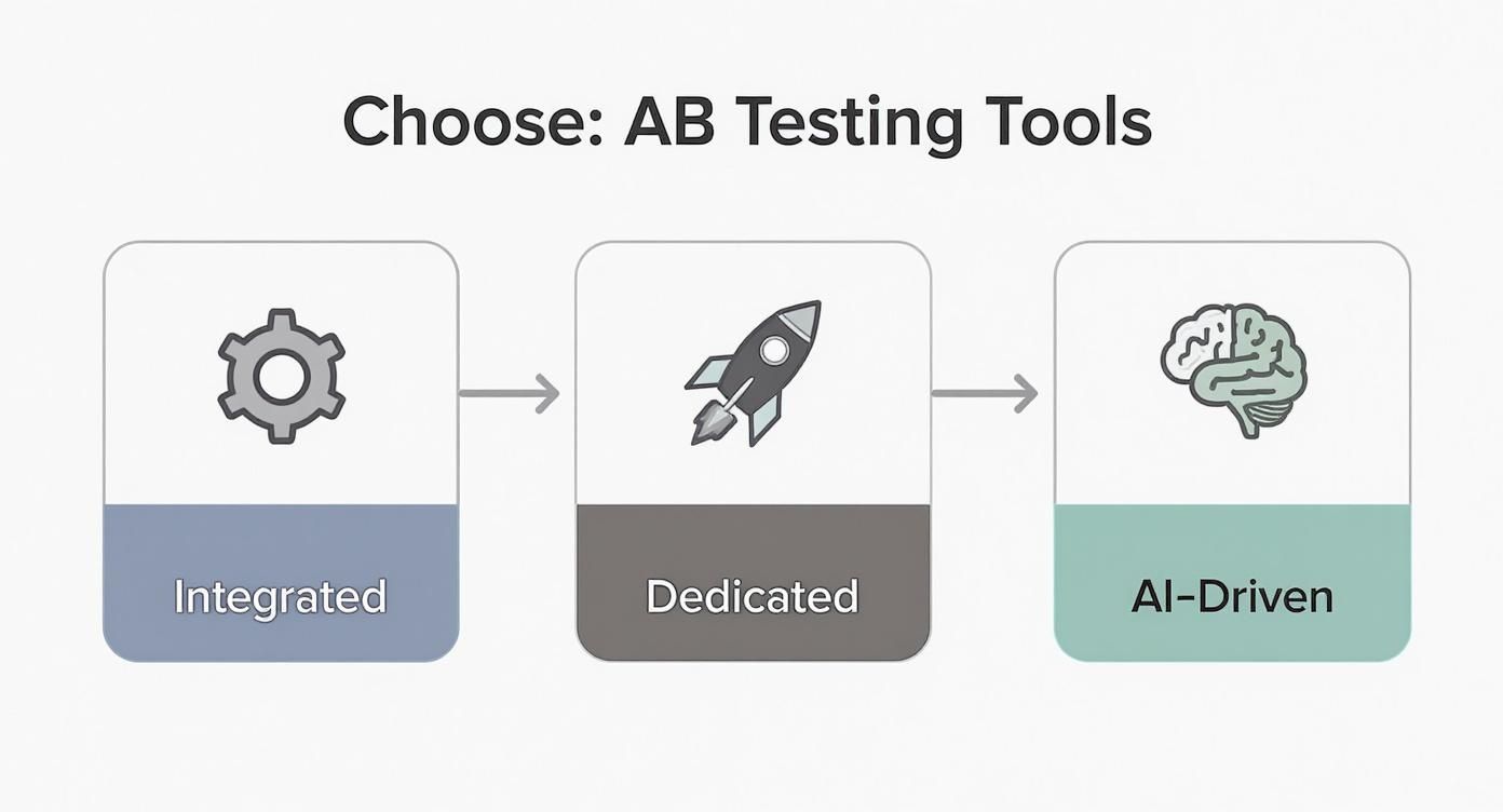 Infographic comparing Integrated, Dedicated, and AI-Driven AB testing tools in a process flow format.
