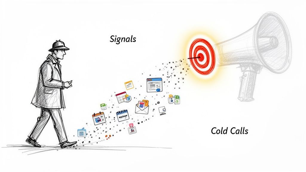 A detective follows digital signals, leading to a targeted bullseye amplified by a megaphone for cold calls.