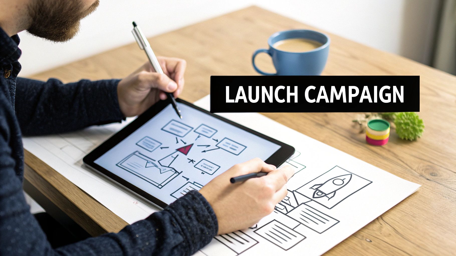 A person working on a laptop, surrounded by data visualization icons, representing the implementation of a marketing strategy.