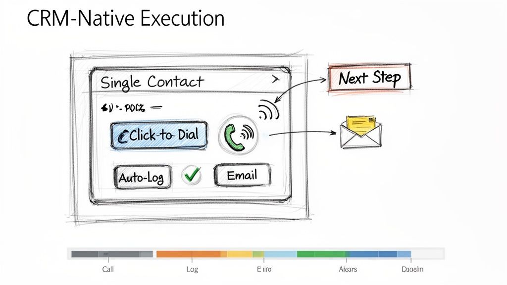A hand-drawn sketch illustrating CRM-native execution with options for calling, logging, and emailing contacts.