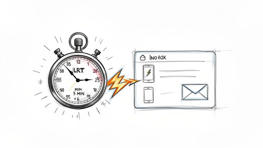 Stopwatch indicating rapid time, connected by a lightning bolt to a digital inbox with phone and email icons.