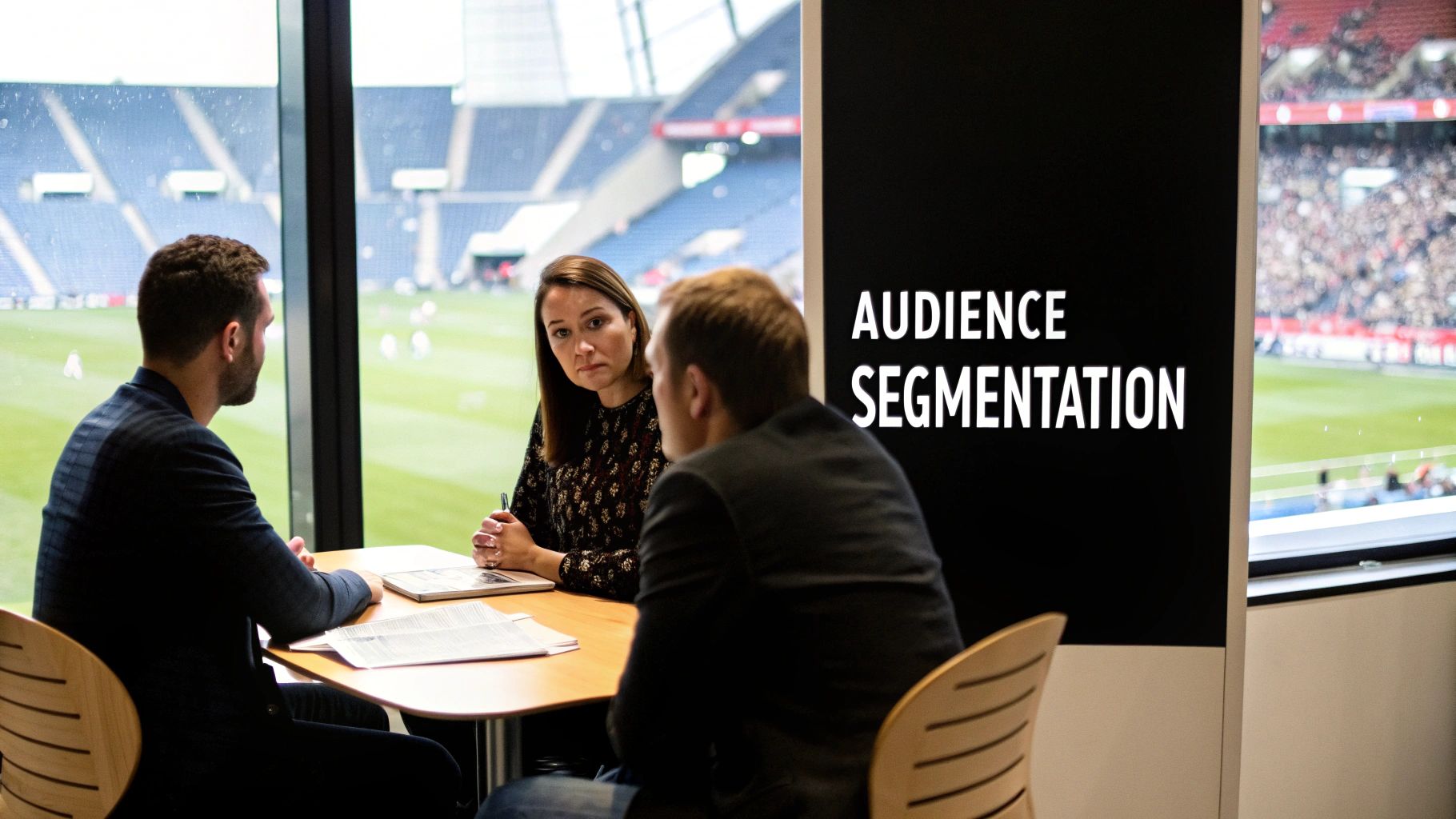 Three business professionals discuss audience segmentation in a meeting room with a stadium view.