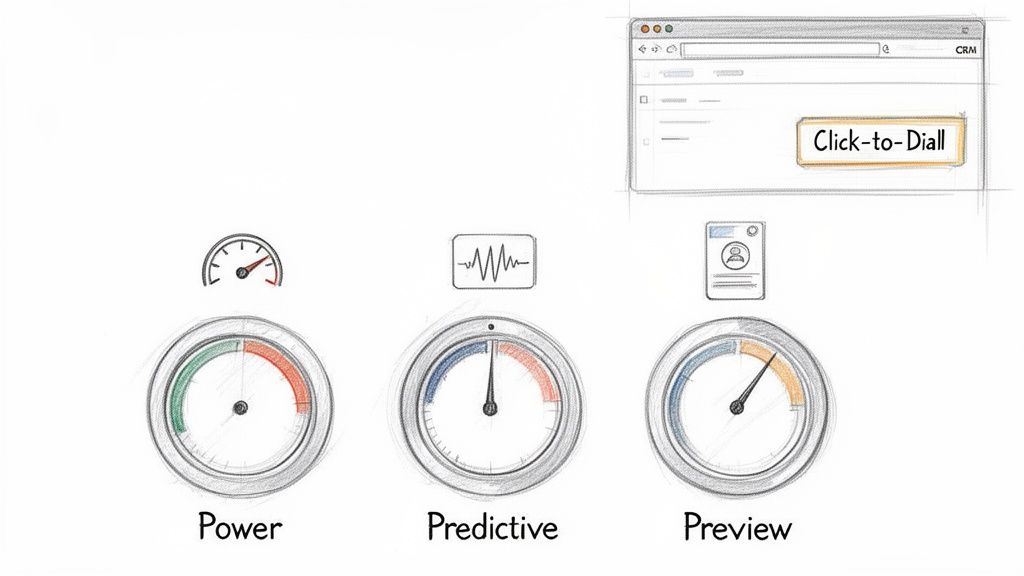 Illustration of automated caller software with click-to-dial in a browser, showing power, predictive, and preview modes.