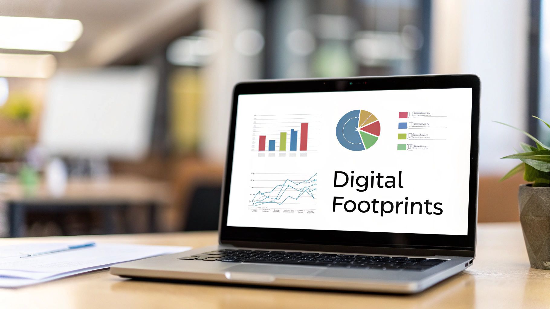 A magnifying glass hovering over digital footprints on a computer screen, symbolizing the analysis of intent data