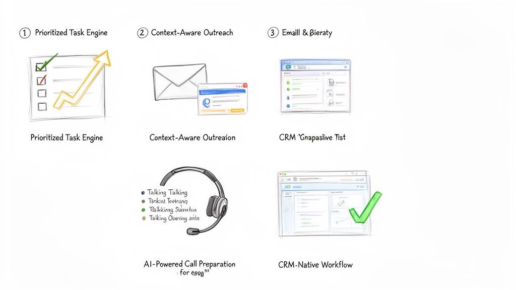 Diagrams illustrating AI-powered sales tools, including prioritized tasks, context-aware outreach, call preparation, and CRM workflows.