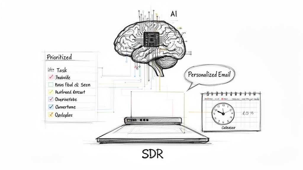 A diagram illustrating AI processing data from an SDR to prioritize tasks, generate personalized emails, and manage a calendar.