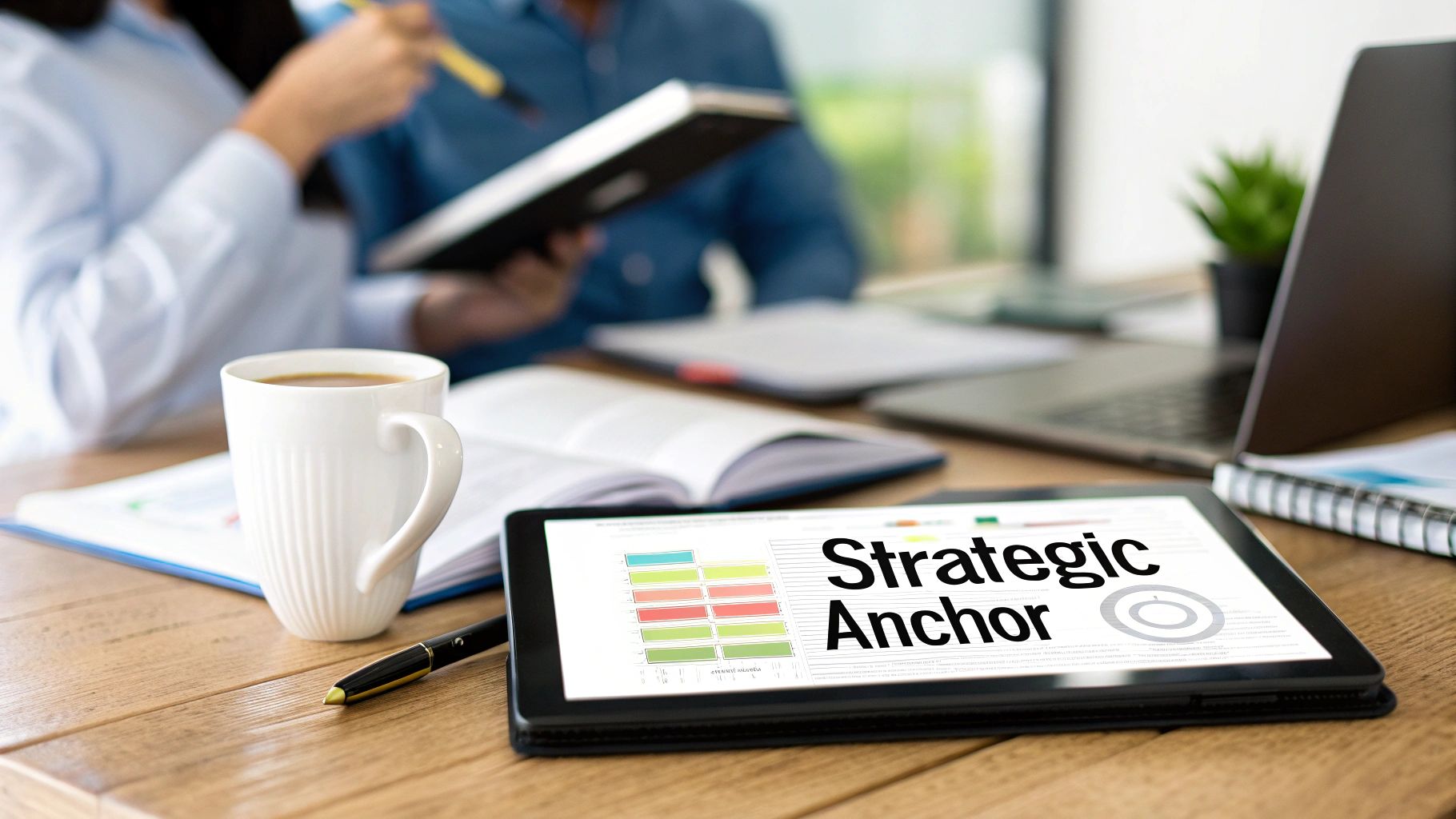 A team collaborating around a table with laptops and documents, planning a marketing campaign.