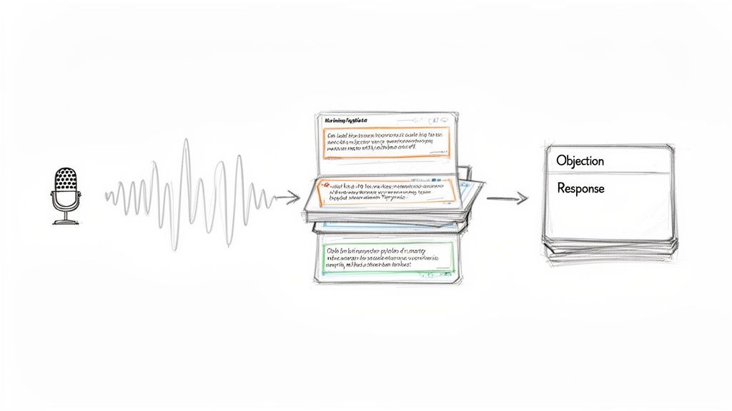 Diagram showing audio input processed through content cards to generate objections and responses.