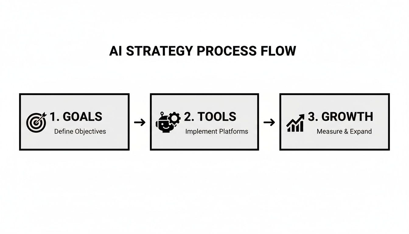 A flowchart illustrates the AI Strategy Process Flow: 1. Goals, 2. Tools, 3. Growth.