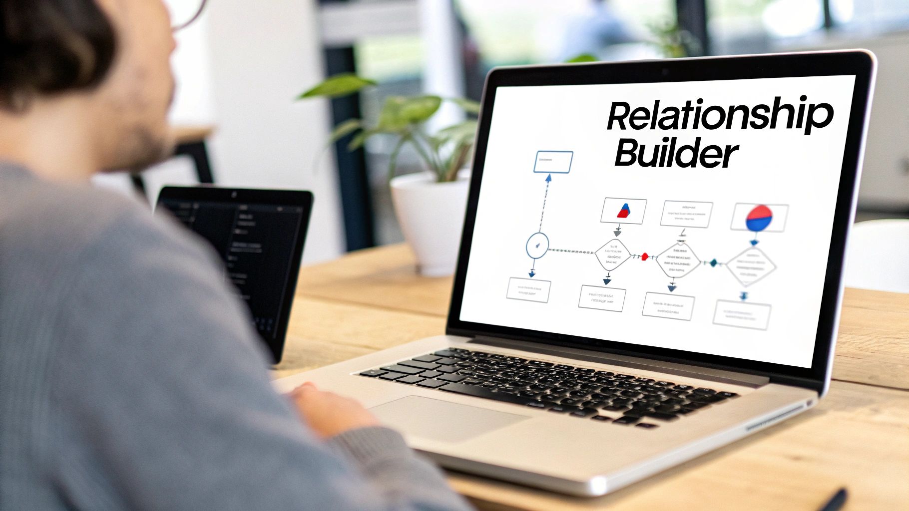 Person viewing a 'Relationship Builder' flowchart diagram on a laptop, showing business processes.