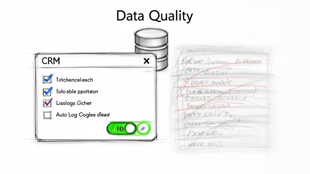 A sketch illustrating data quality with a CRM window, database, and a list of crossed-out items.