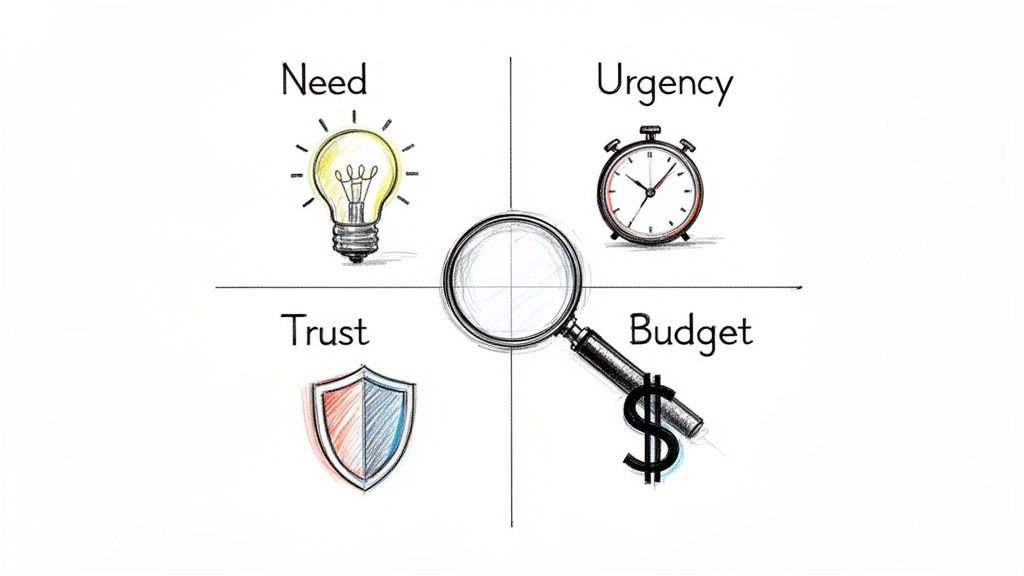 A diagram illustrating Need, Urgency, Trust, and Budget, key factors for sales objection analysis.