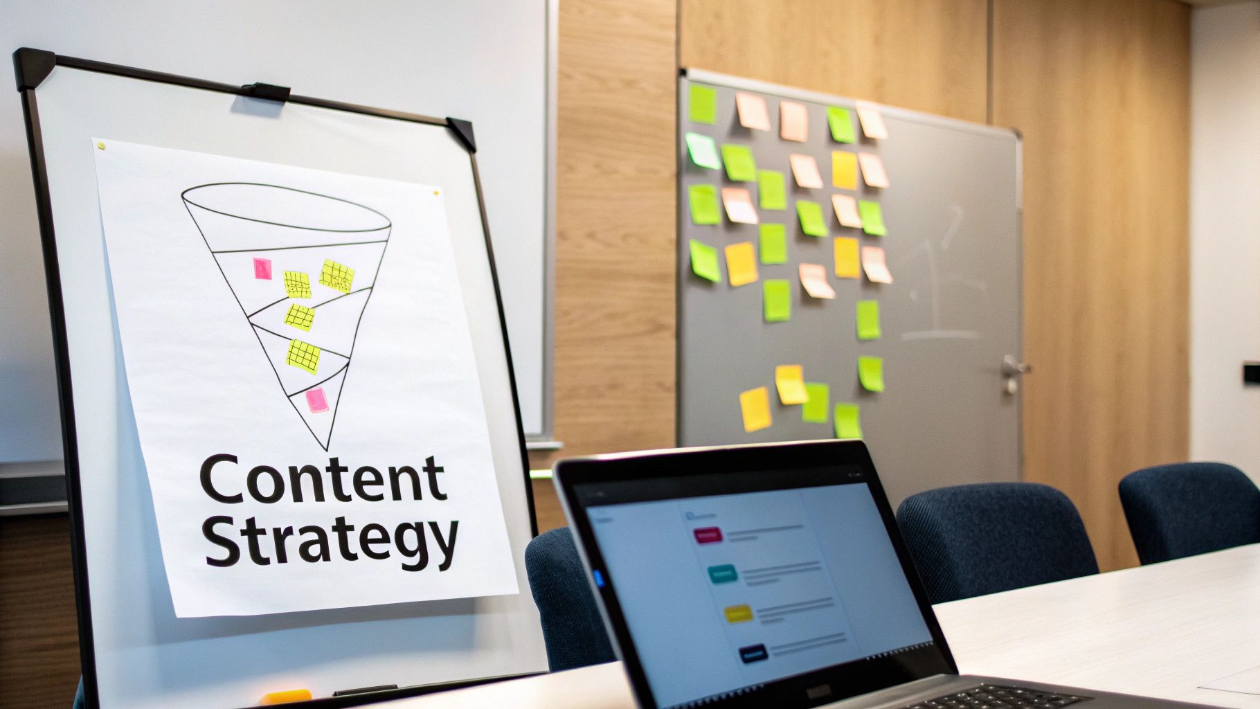 A person at a desk drawing a strategic plan on a large sheet of paper, with charts and graphs in the background