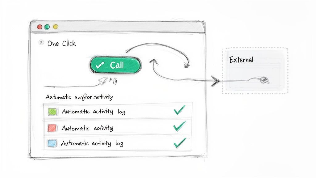 A sketched UI shows a 'Call' button, automatic activity logging, and integration with an external system.