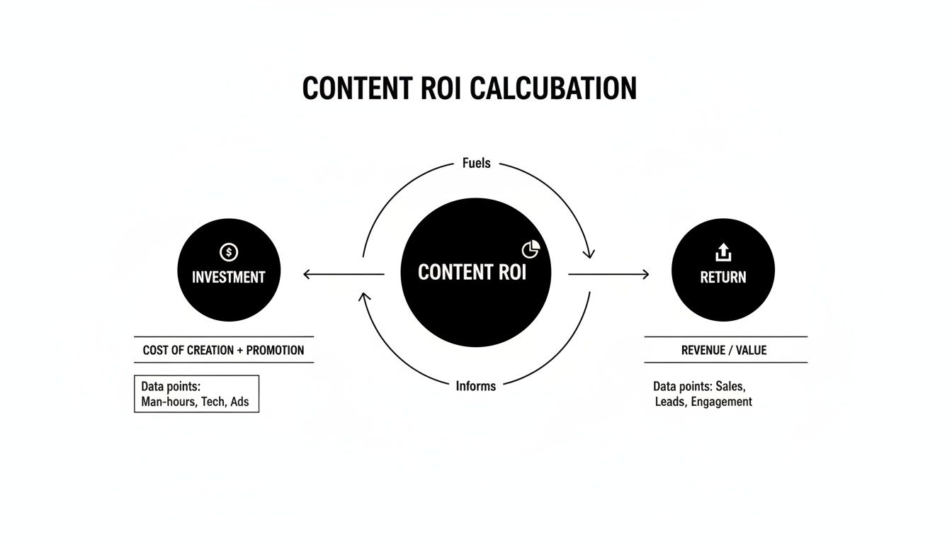 A diagram illustrating content ROI calculation, showing investment, content ROI, and return with key data points.