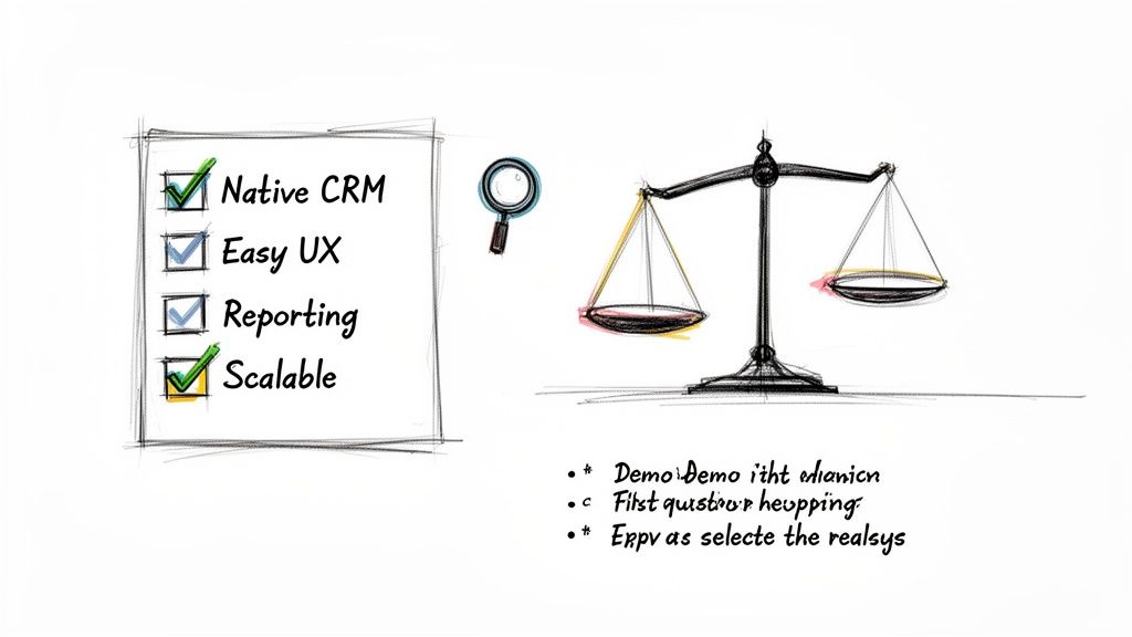 A sketched checklist of software features including CRM and scalability, alongside a balance scale for evaluation.