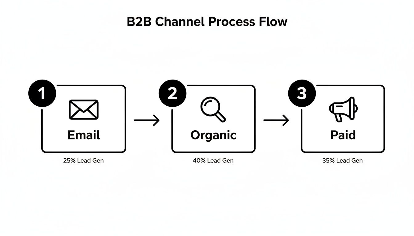 B2B channel process flow diagram for lead generation via email, organic, and paid channels.