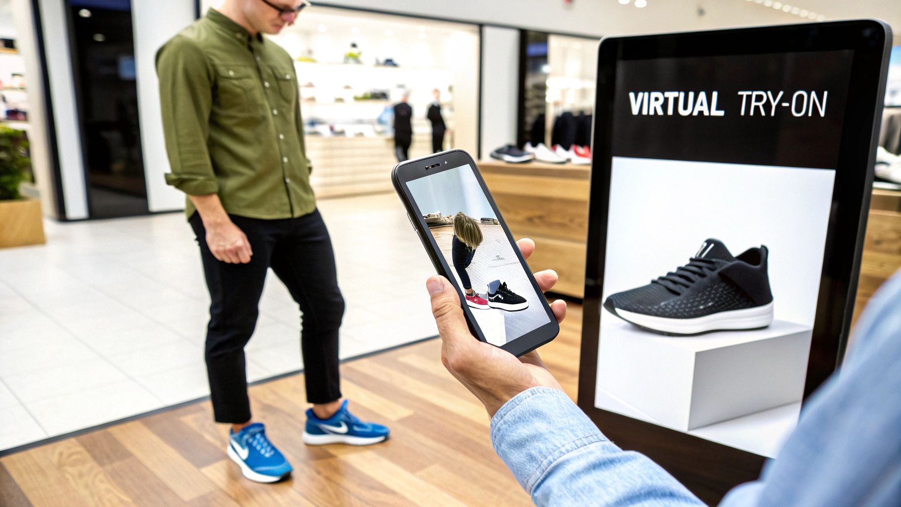 Customer uses a smartphone for augmented reality virtual shoe try-on in a modern retail store.