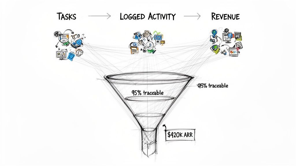 A funnel diagram demonstrating the traceability of tasks and logged activity to $420K annual recurring revenue.