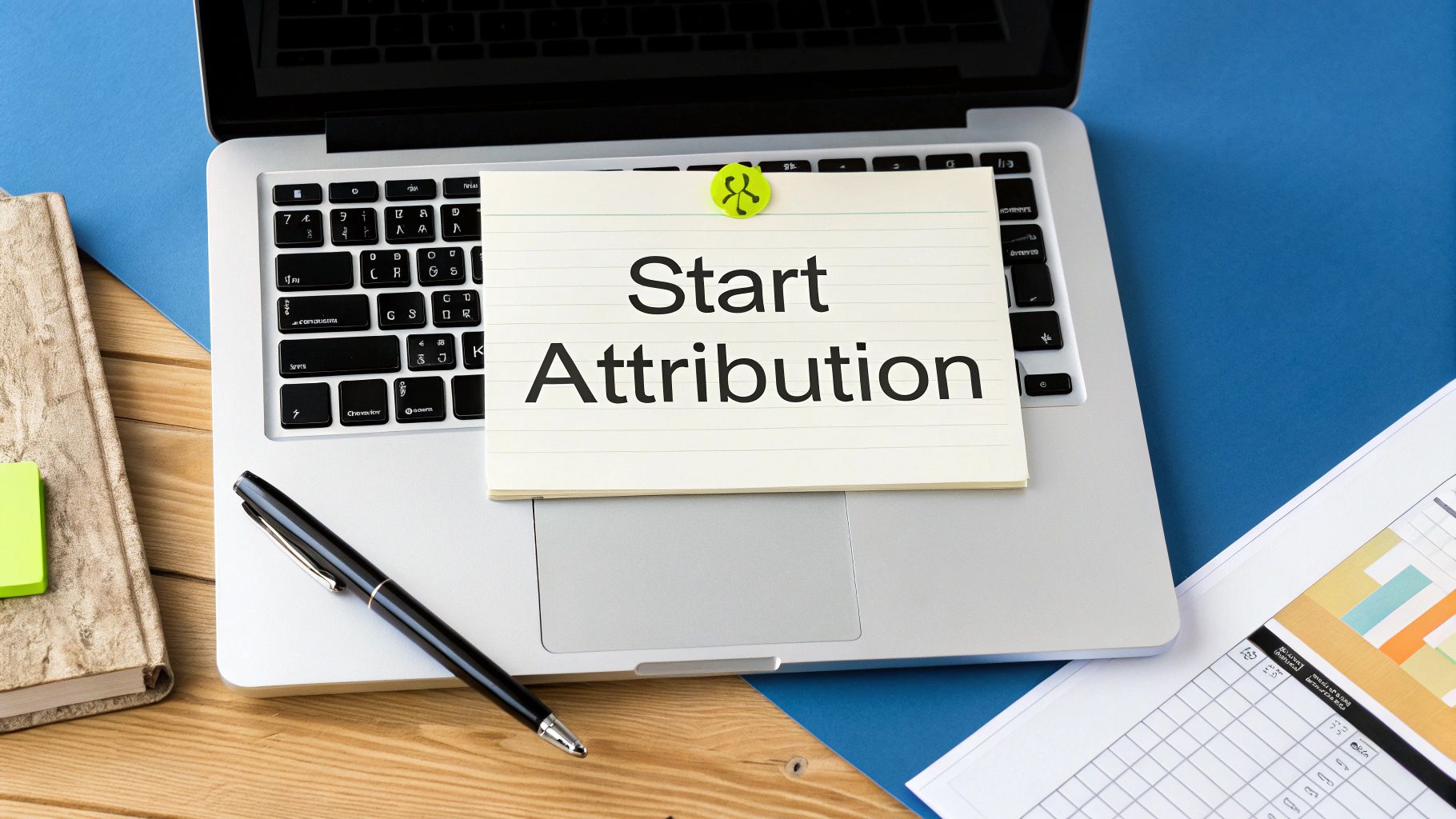 A person using a laptop with charts and graphs on the screen, illustrating the process of implementing a marketing attribution model.