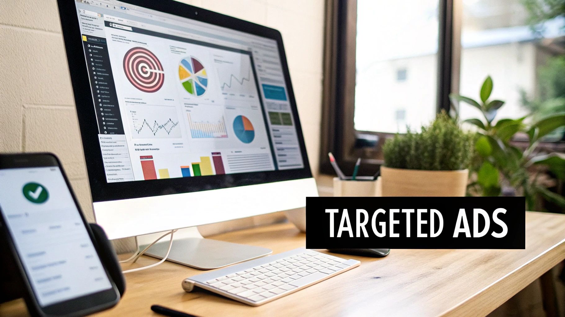 A desktop computer displays analytics and charts next to a smartphone with a checkmark, with 'TARGETED ADS' text overlay.