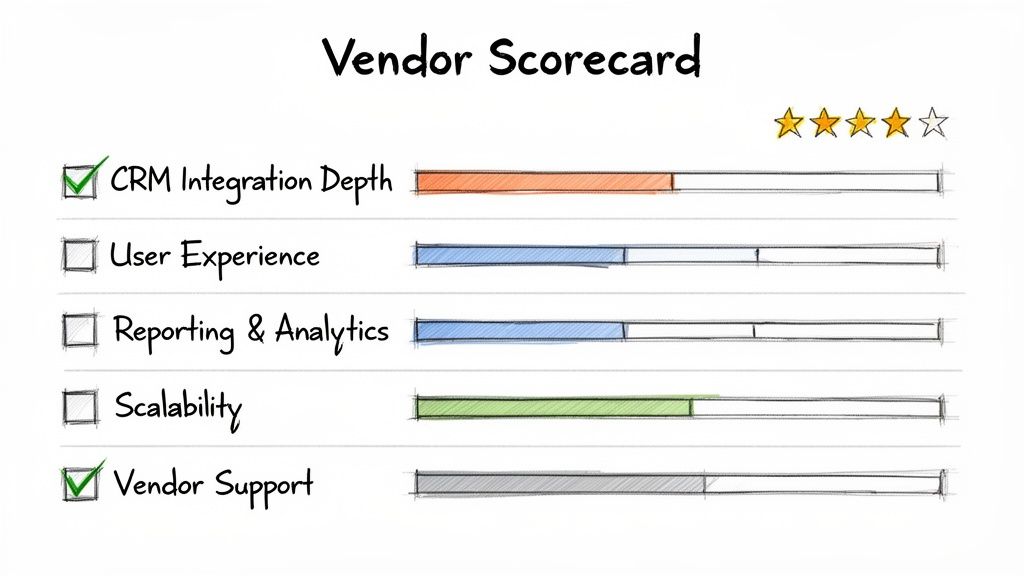A hand-drawn vendor scorecard showing ratings for CRM integration, user experience, and support.