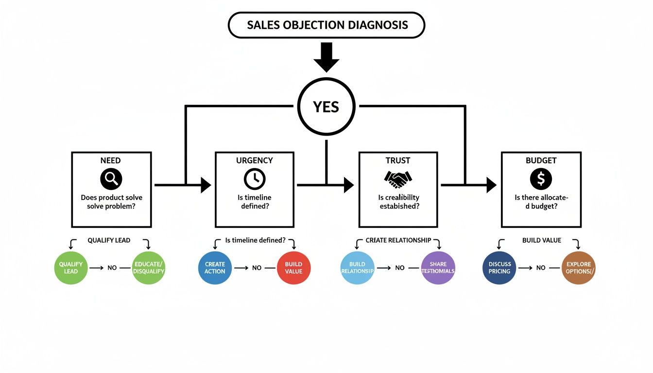 A sales objection diagnosis flowchart illustrating steps to address customer concerns about need, urgency, trust, and budget.