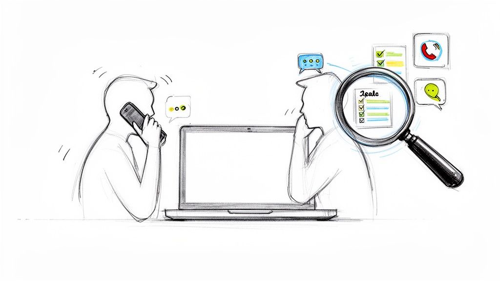 Sketch of two people, one on a phone call, another with a laptop, examining a sales checklist and communication tools.