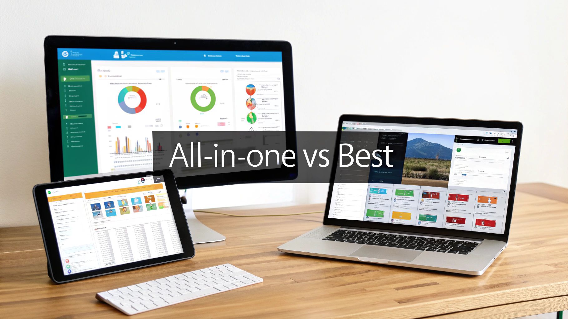 A desk with a monitor, tablet, and laptop displaying business software interfaces, highlighting 'All-in-one vs Best'.