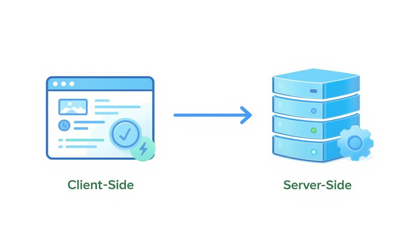 Diagram showing client-side browser interface connecting to server-side database infrastructure with arrow