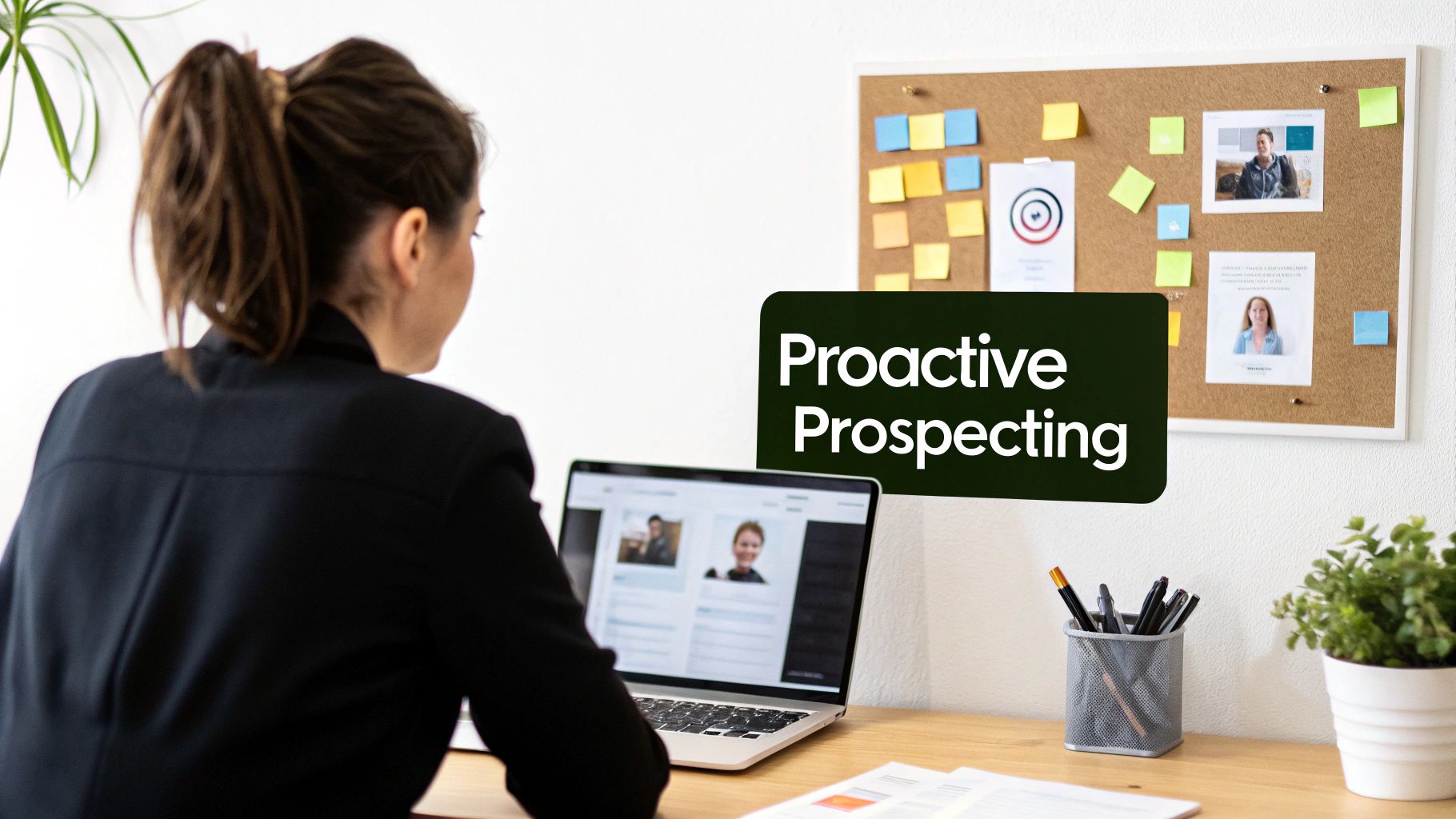 A woman uses a laptop to research profiles for proactive prospecting, with a bulletin board in the background.